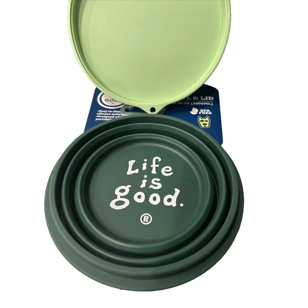 Life is Good Dog Collapsible Bowl Lid Water Food Travel 34 oz Silicone Green NEW